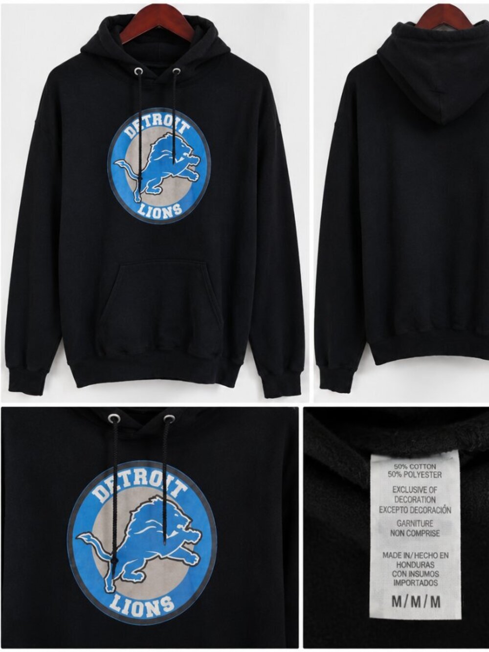 NFL Detroit Lions Hoodie Men Medium Black Pullover Sweatshirt Team Logo Graphic.